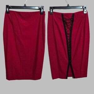 Body by Victoria Red Midi Pencil Skirt with Black Lace Up Detail Size 0